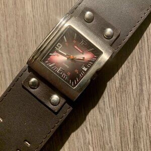 DICKIES Watch, NEVER WORN/NEW, Wide Cuff Band Genuine Brown Leather, Date, 9"